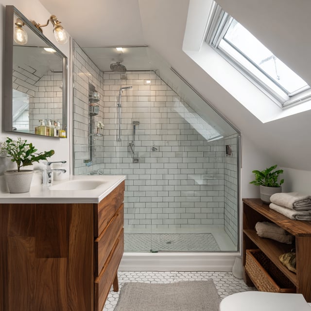 Modern attic bathroom with white tiles and wood vanity.