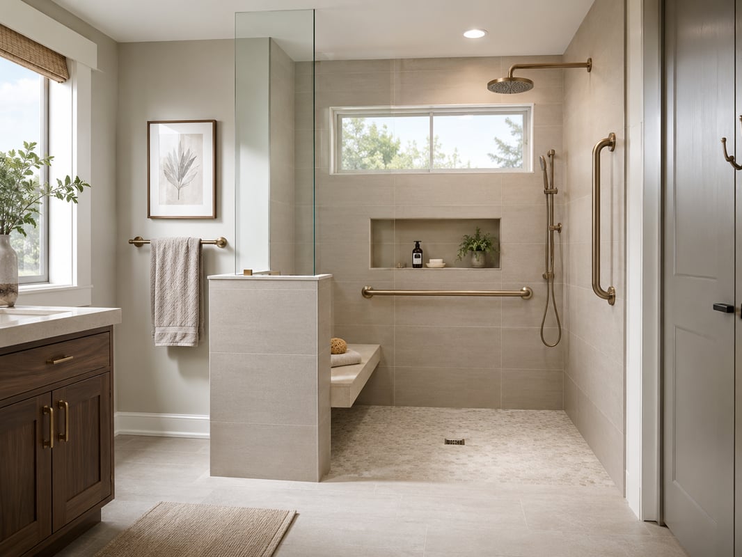 ADA accessible bathroom with a half wall shower, curbless entry, and grab bars