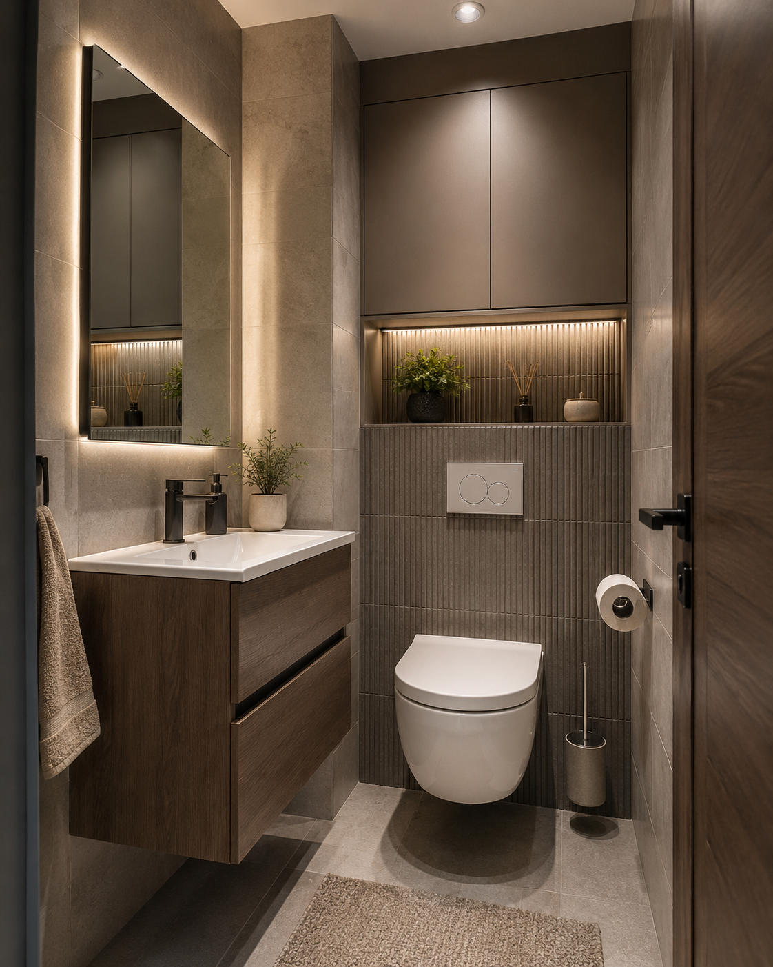 High end bathroom with a wall-hung toilet