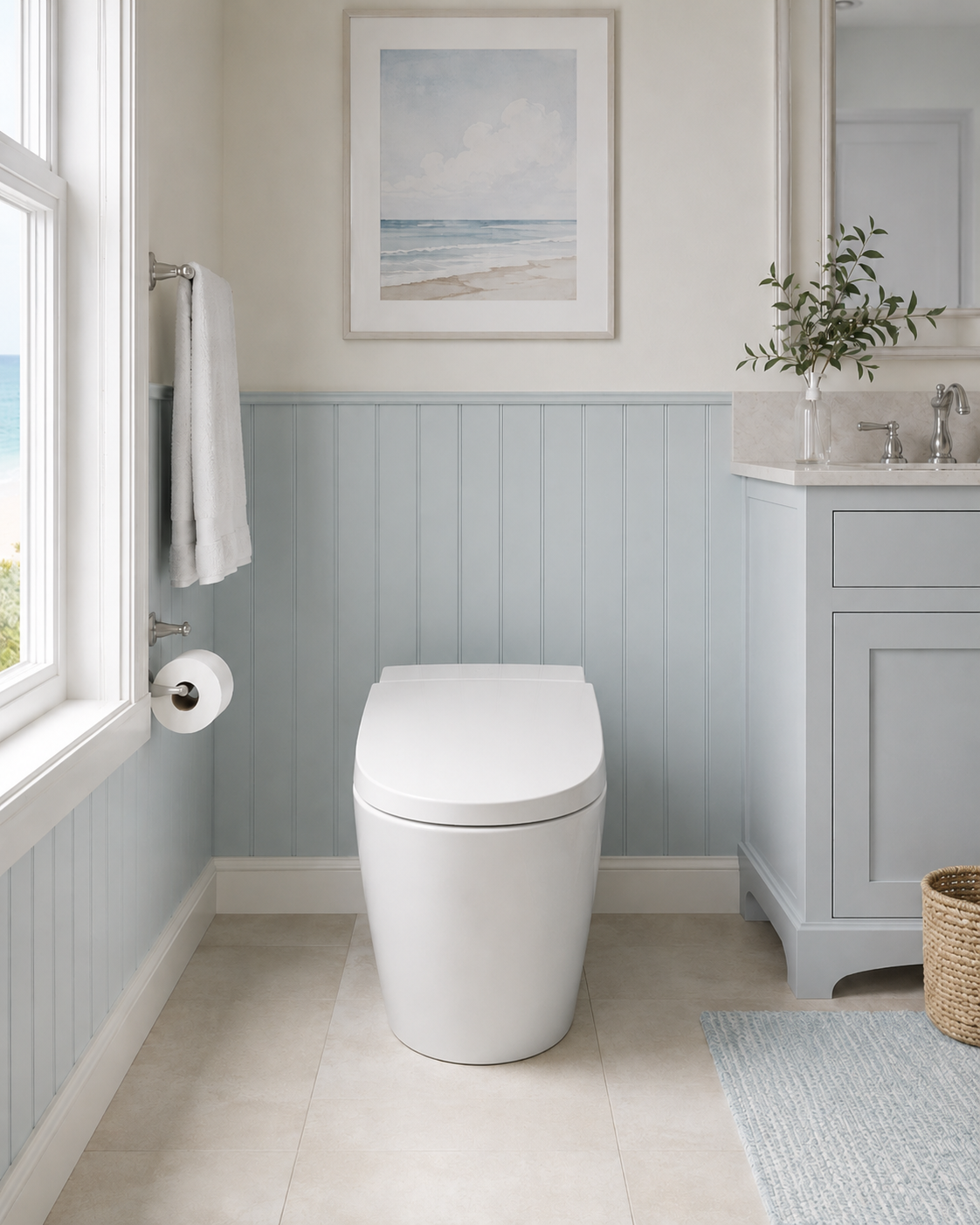 High end toilet in simple coastal bathroom