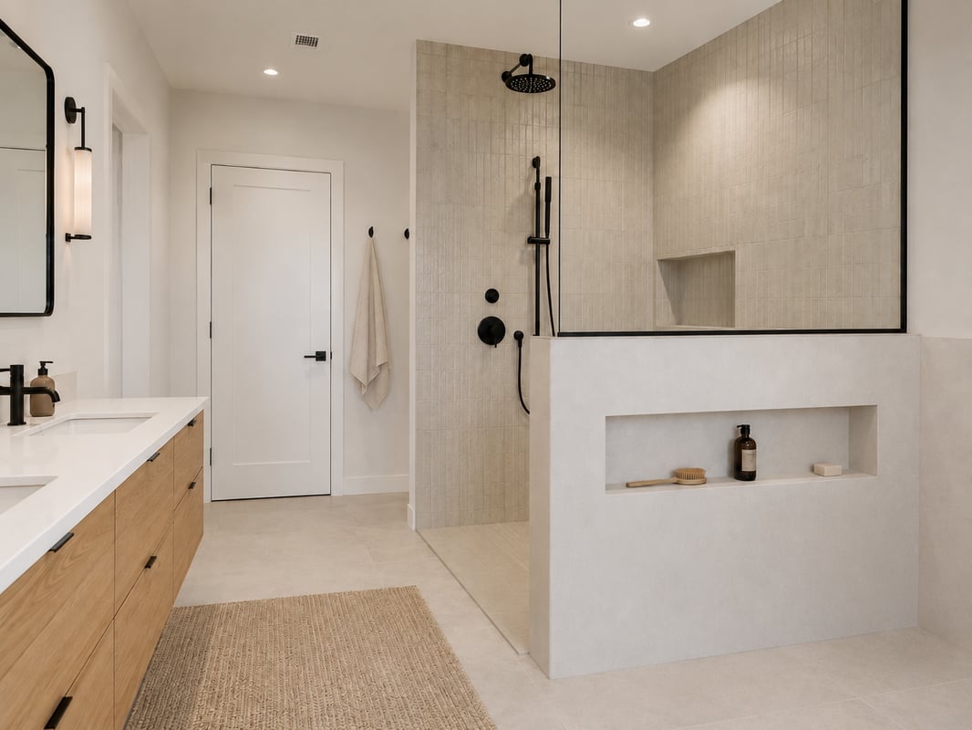 Bright Nordic-style bathroom with a half wall shower and a built-in tiled shelf