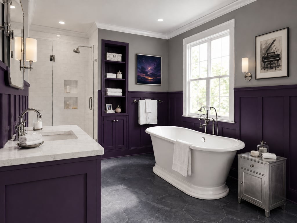 Deep purple board and batten wainscot set high against gray upper walls in a bathroom with a freestanding tub