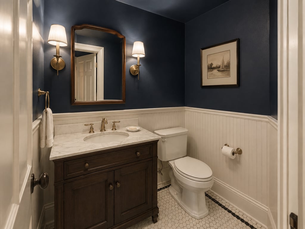 Navy walls and navy ceiling above a white beadboard wainscot in a small powder room