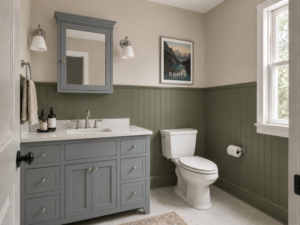 Dark green beadboard wainscot below a cream upper wall in a two tone bathroom