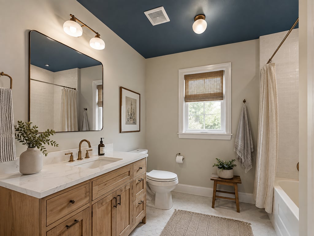 Deep blue painted bathroom ceiling above cream walls and a wood vanity