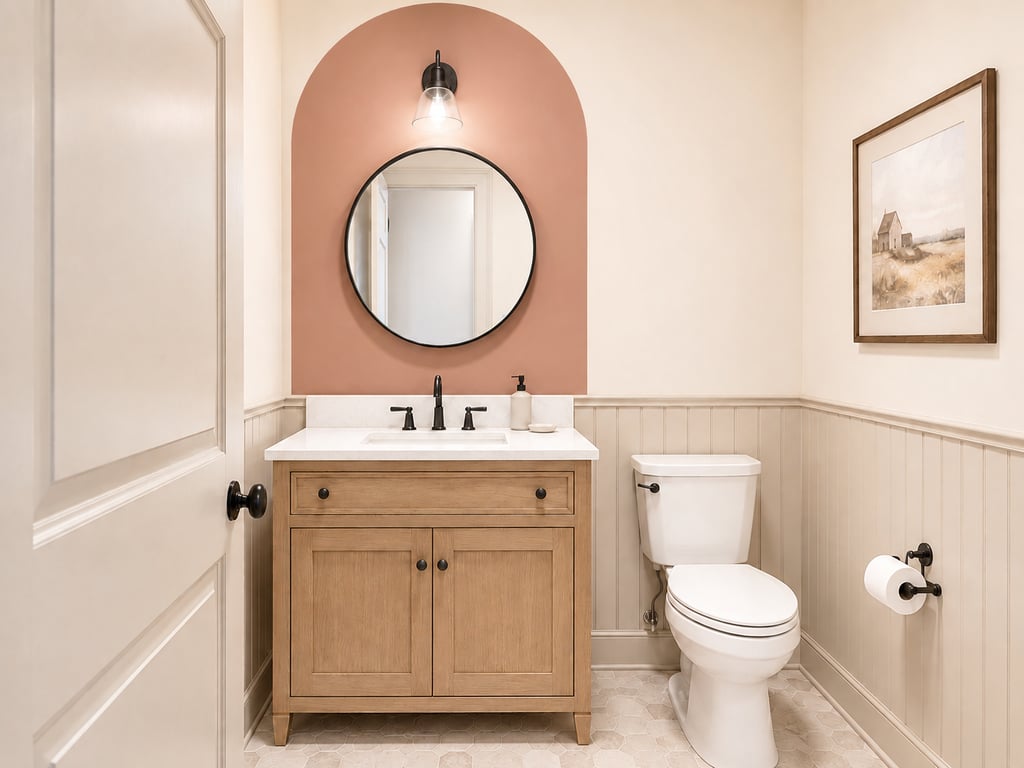 Terracotta painted arch behind a round mirror and vanity in a cream powder room