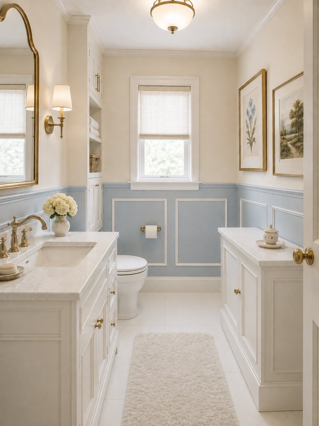 White picture frame molding on a pale blue lower wall with cream paint above in a narrow bathroom