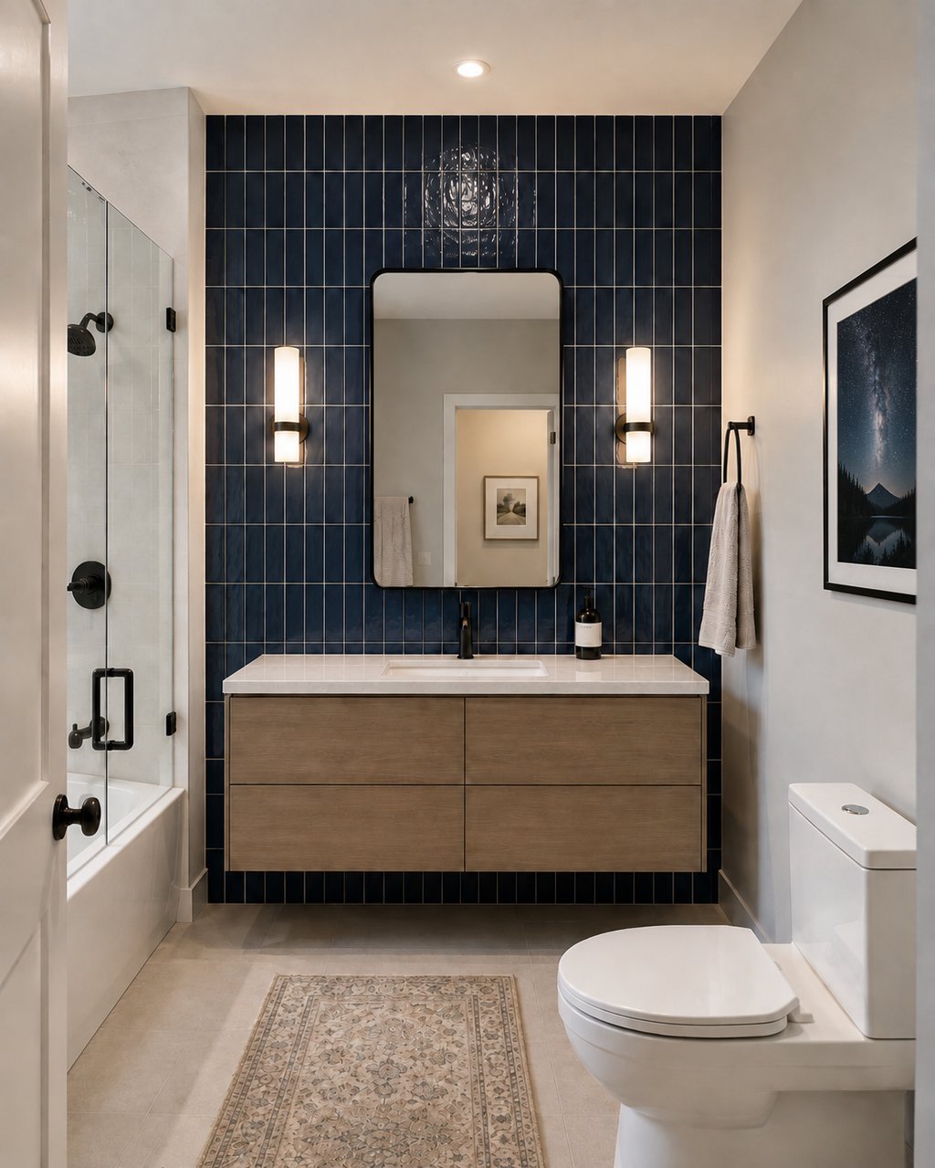 Navy vertical tile run floor to ceiling behind a bathroom vanity, with white walls on the remaining sides