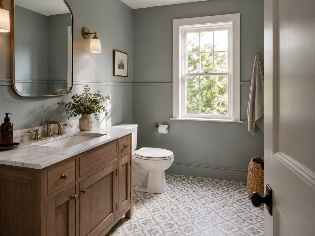 Sage green bathroom walls split by a thin picture rail, with a different paint sheen above and below