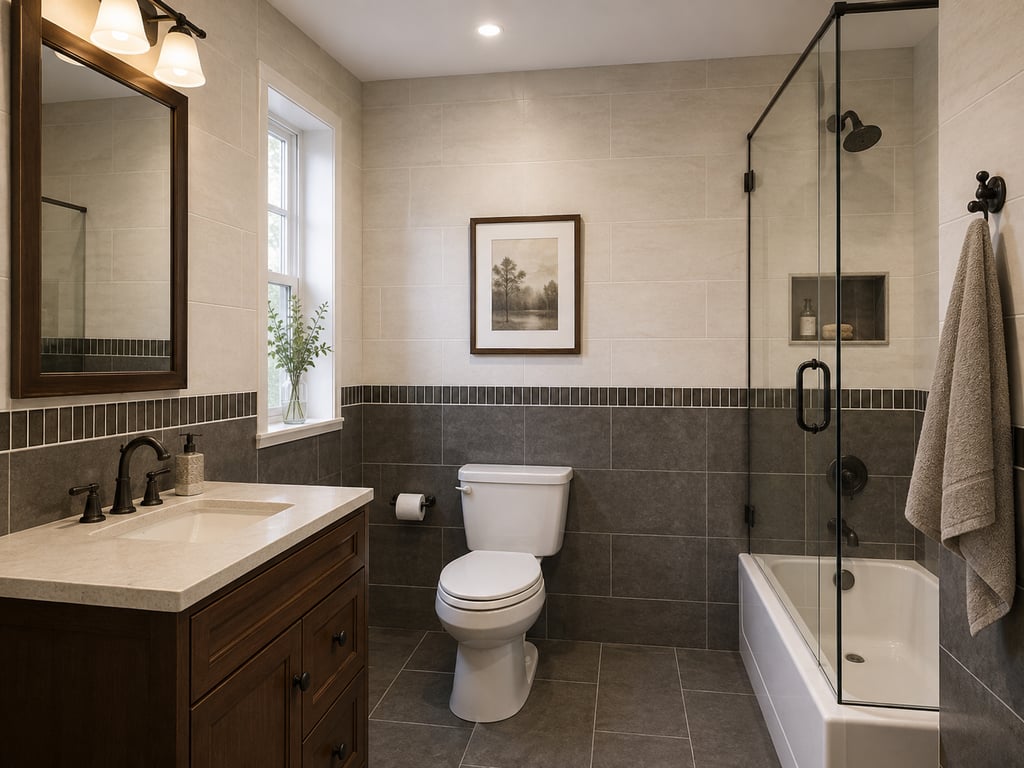 Dark gray tile below and cream tile above, separated by a narrow mosaic trim band