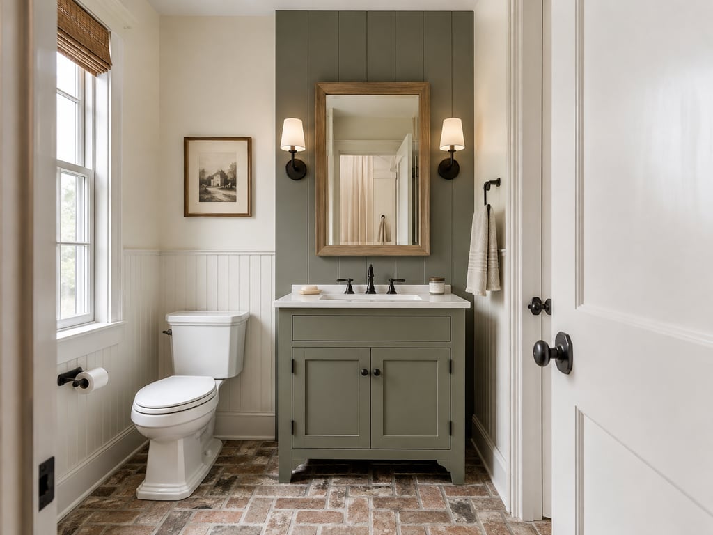 Vertical panel of olive green paneling behind a bathroom vanity, running floor to ceiling