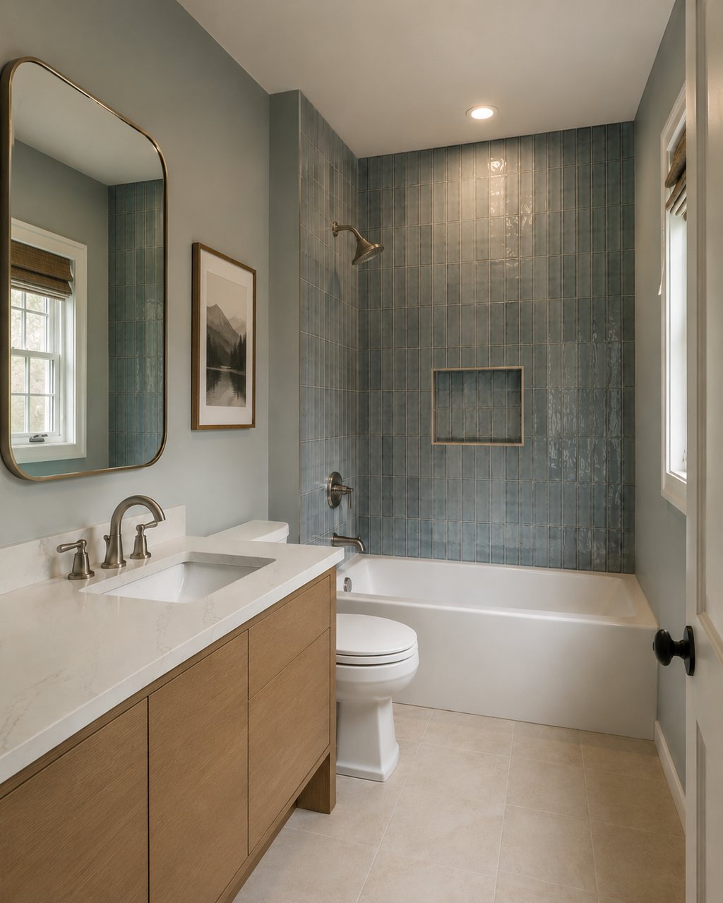 Blue vertical tile running floor to ceiling on the tub wall only, with painted walls elsewhere