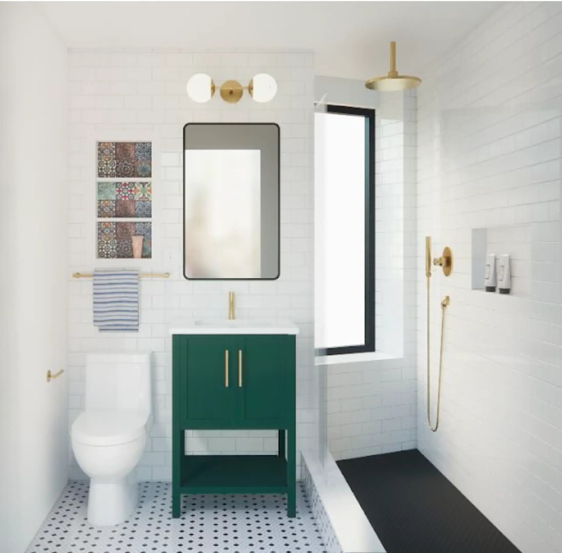 Green vanity, white subway tile, and gold fixtures.