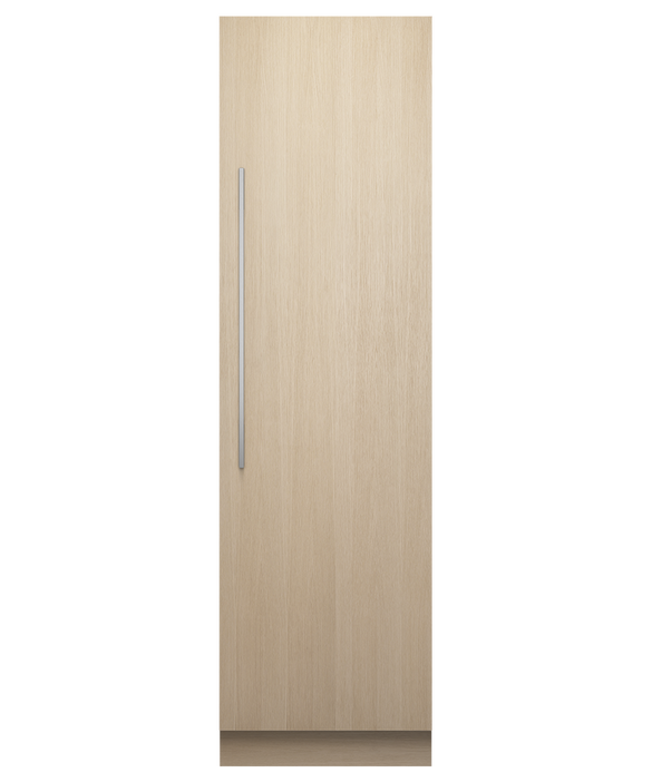 Tall wood-paneled Fisher & Paykel column refrigerator.