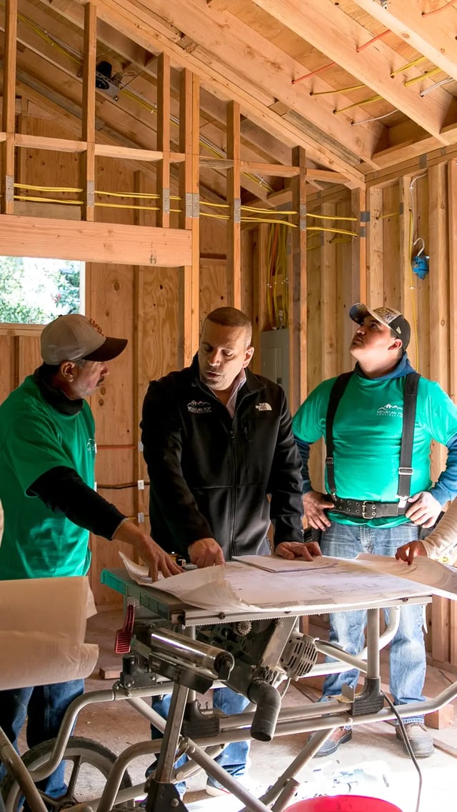 Construction workers reviewing plans at a framing site.
