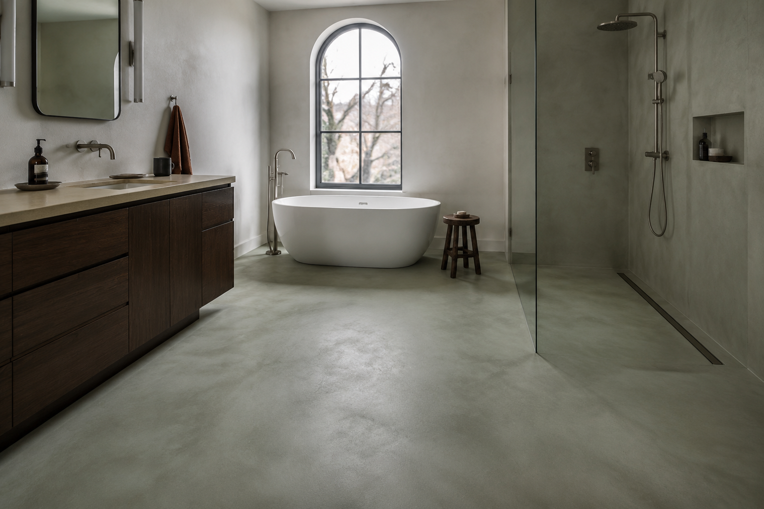 sage-gray microcement floor bathoom