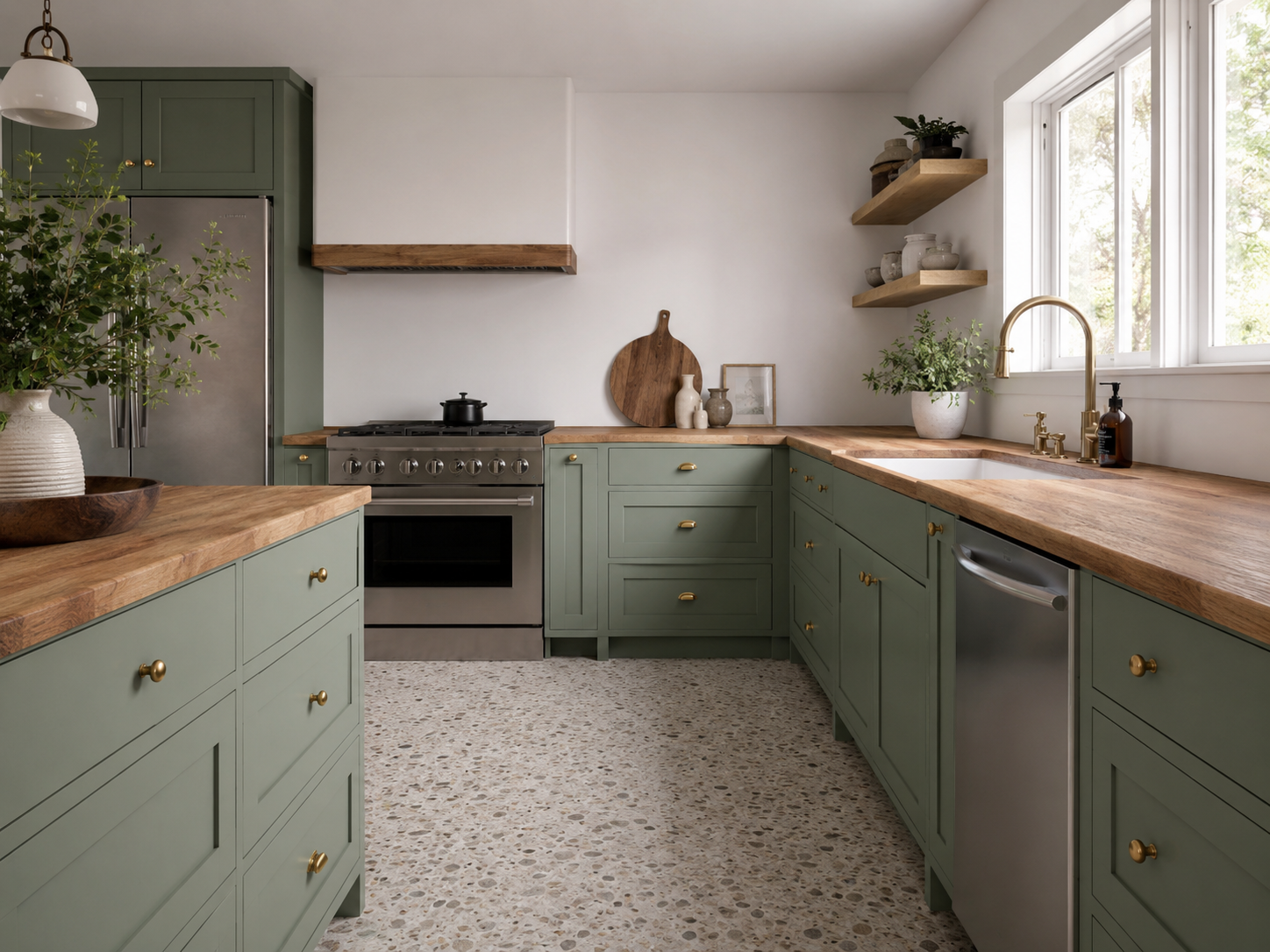 terrazzo floor green cabinets butcher block