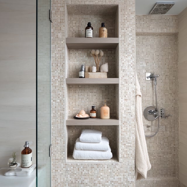 Tiled shower niche with shelves and bath products.