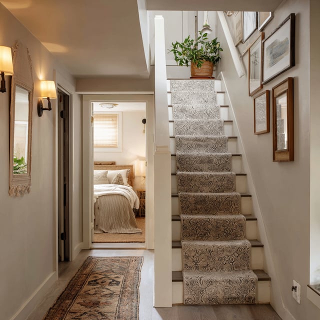 Staircase with patterned runner leading to a bedroom.