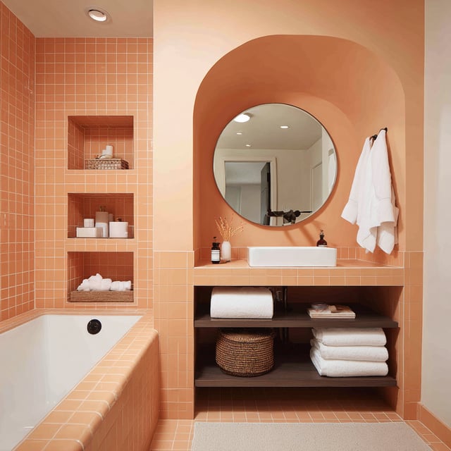 Peach tile bathroom with arched vanity and round mirror.