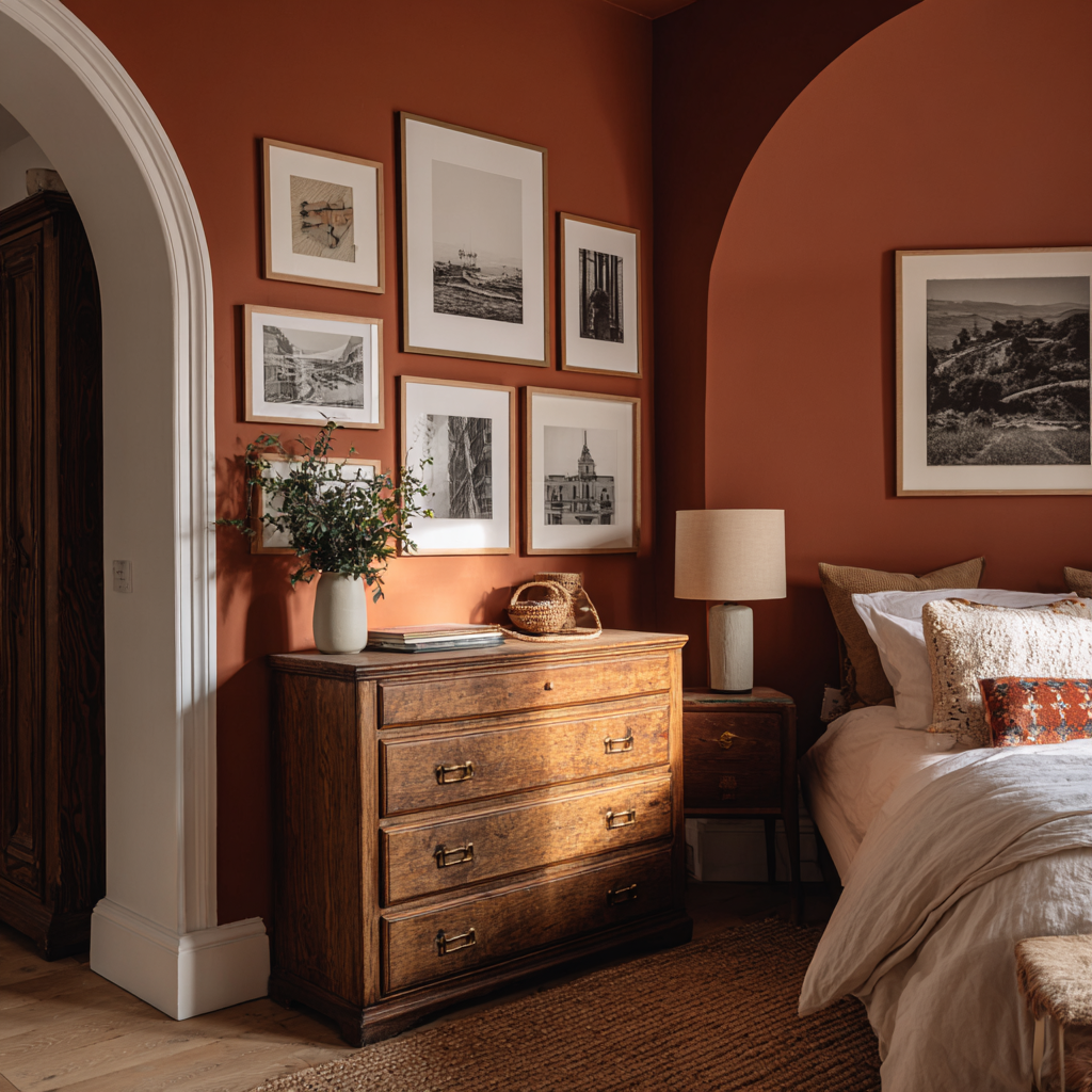 Image 6: Painted arch moulding on a terracotta feature wall creates a room with genuine depth and character.