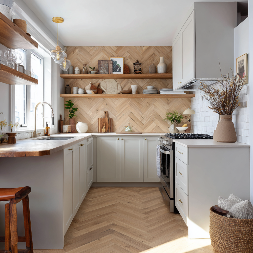 A compact kitchen with a herringbone wood backsplash.