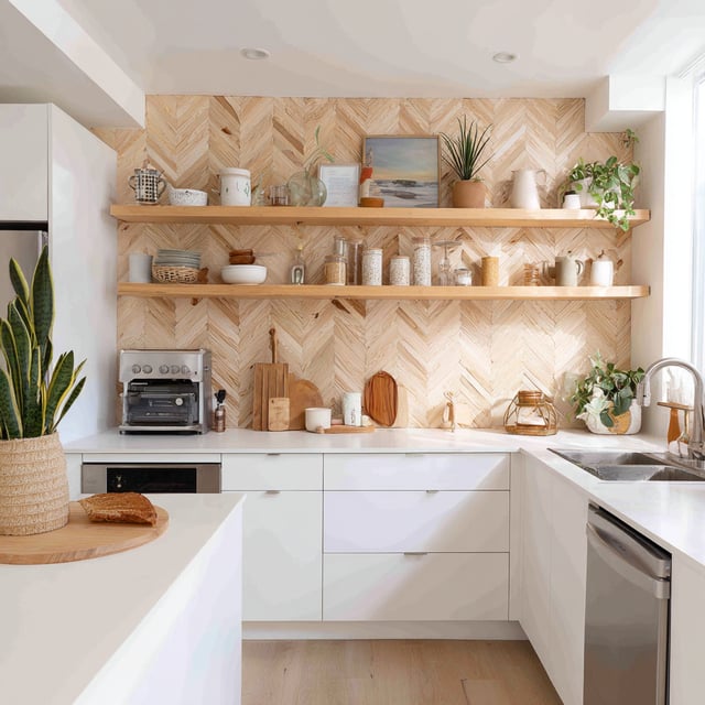White kitchen with wood chevron wall and open wood shelves.