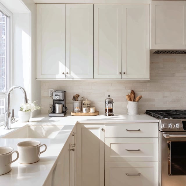 A bright, sunny kitchen with white shaker cabinets and subway tile backsplash.
