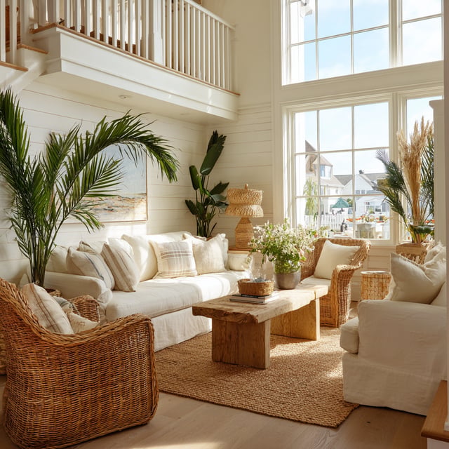 Bright coastal living room with wicker chairs and large windows.
