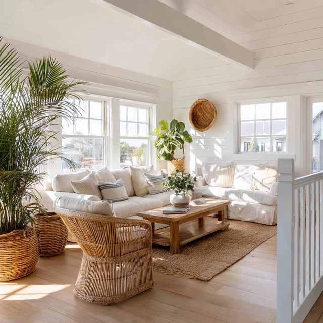 A bright, coastal-style living room featuring a white sectional sofa, a wooden coffee table on a jute rug, and a wicker armchair, all illuminated by natural light from large windows.1