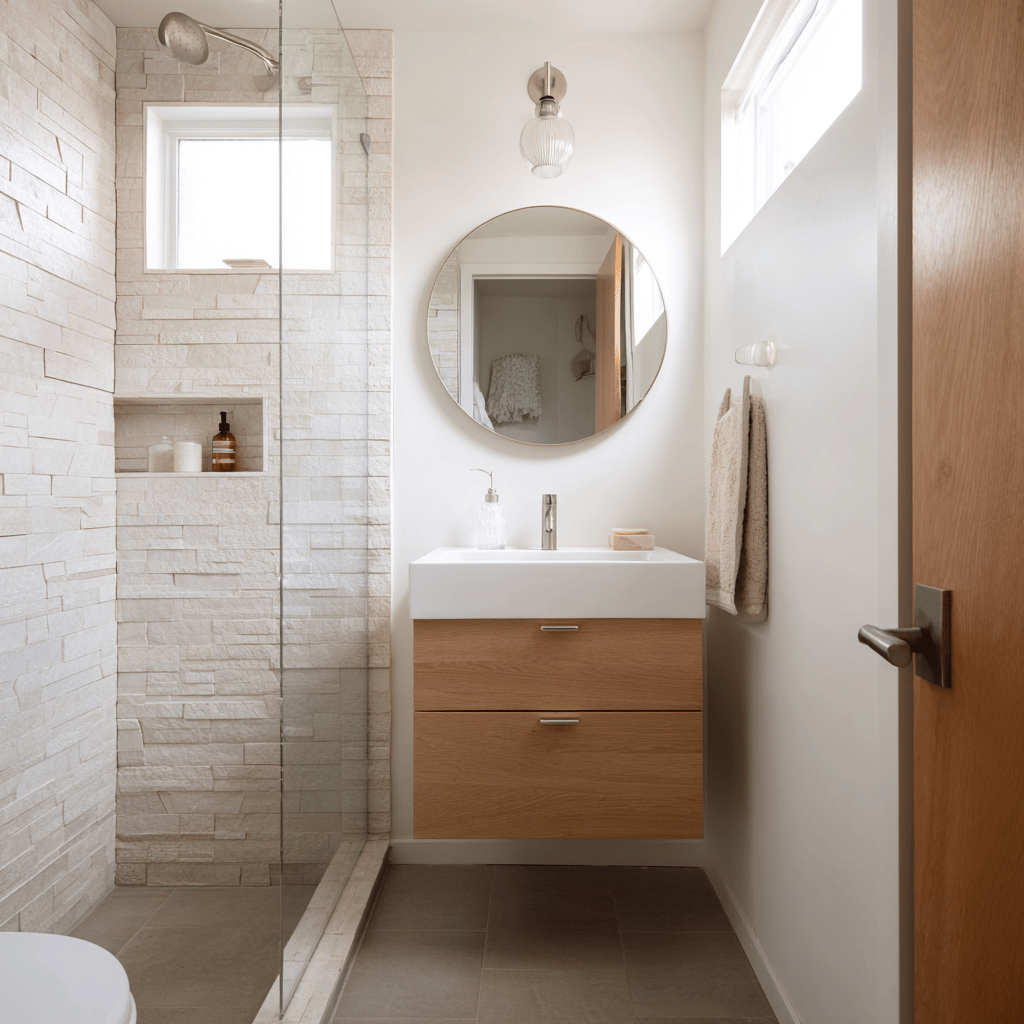 Bright compact bathroom with stone shower and wood vanity.