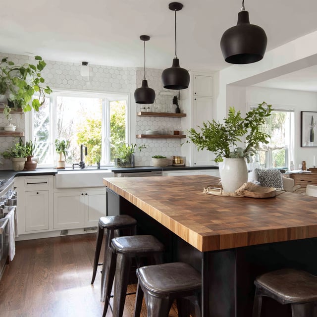 A bright kitchen with a large wooden island and black lamps.