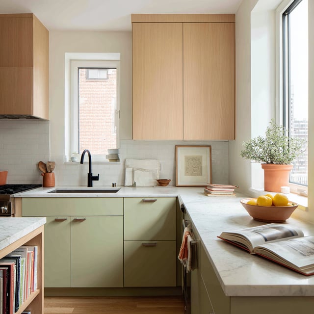 Modern sage kitchen with light wood cabinets and marble.