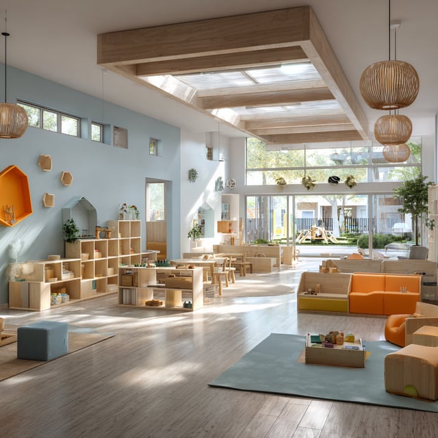 Modern daycare with light wood, soft colors, and skylights.