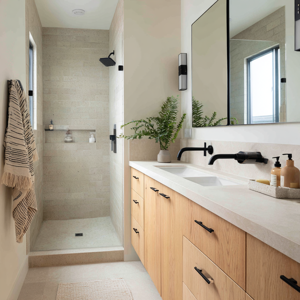 Modern apartment bathroom with light wood cabinets and stone tile.