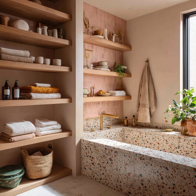 A modern bathroom featuring a colorful terrazzo built-in tub.