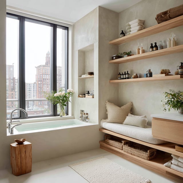 A bright, modern bathroom with a built-in tub and wood shelves.