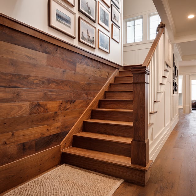 Wooden stairs lead upwards next to a rich dark wood paneled wall.