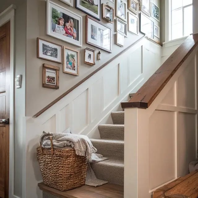 Carpeted stairs with a photo gallery wall and woven basket.