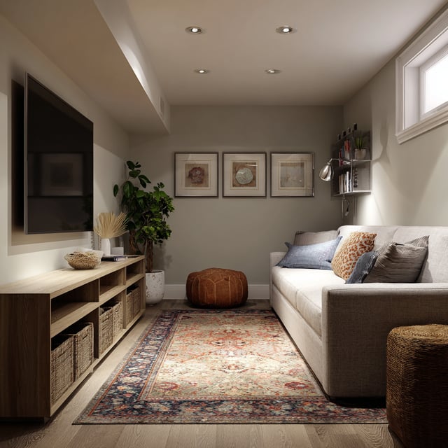 A small, modern basement TV room featuring a light wood media console, a neutral sofa with decorative pillows, and a patterned area rug.