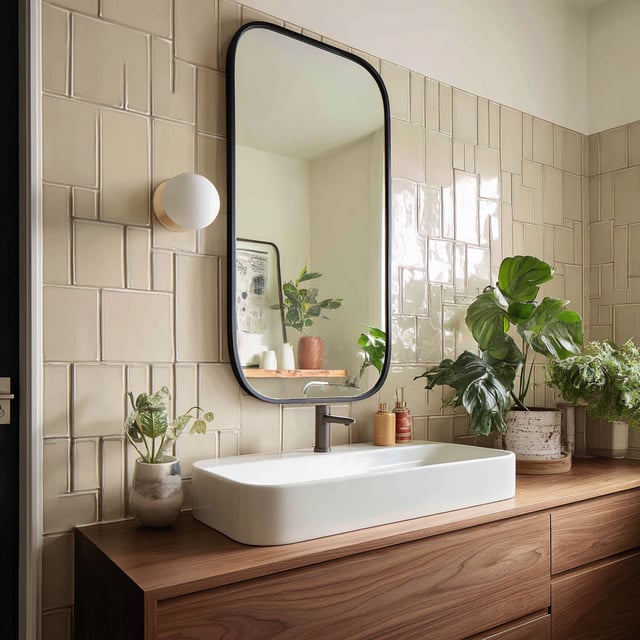 A modern bathroom with a rectangular mirror and wood vanity.