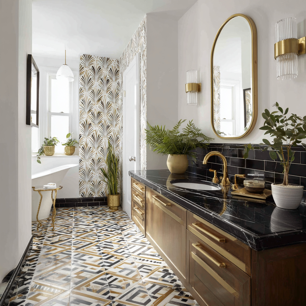 Glamorous black, gold, and white Art Deco-inspired bathroom.