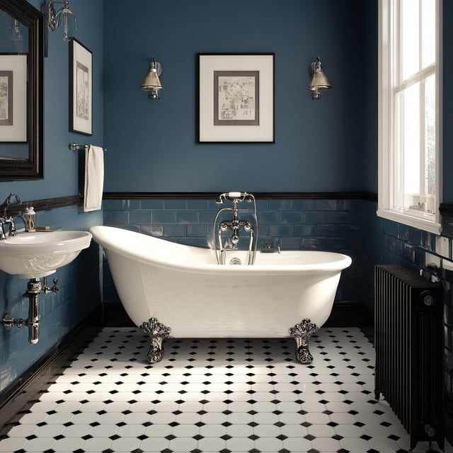 A classic, Victorian-style bathroom with a bold and sophisticated color palette.