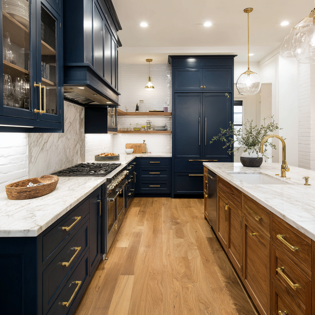 A classic transitional kitchen with navy blue cabinetry, marble countertops, warm wood accents, and brass hardware.