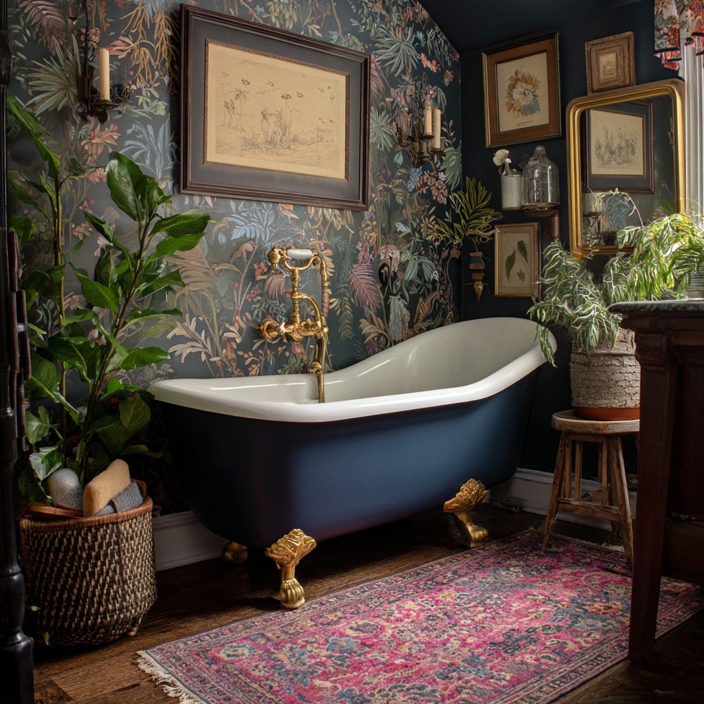 Clawfoot tub refinished in deep navy blue with gold claw feet.
