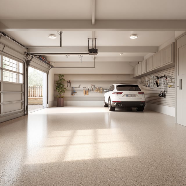 Clean, bright garage interior with white car and storage cabinets.