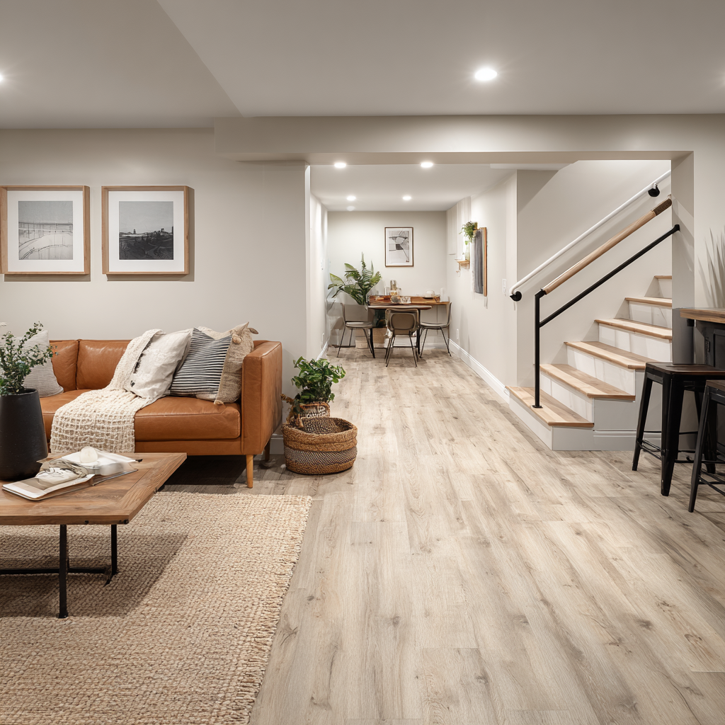 A bright, finished basement with light wood-look flooring, a tan leather sofa, minimalist wall art, potted plants, recessed lighting, and an open layout leading to a small dining area and a staircase with black railing.