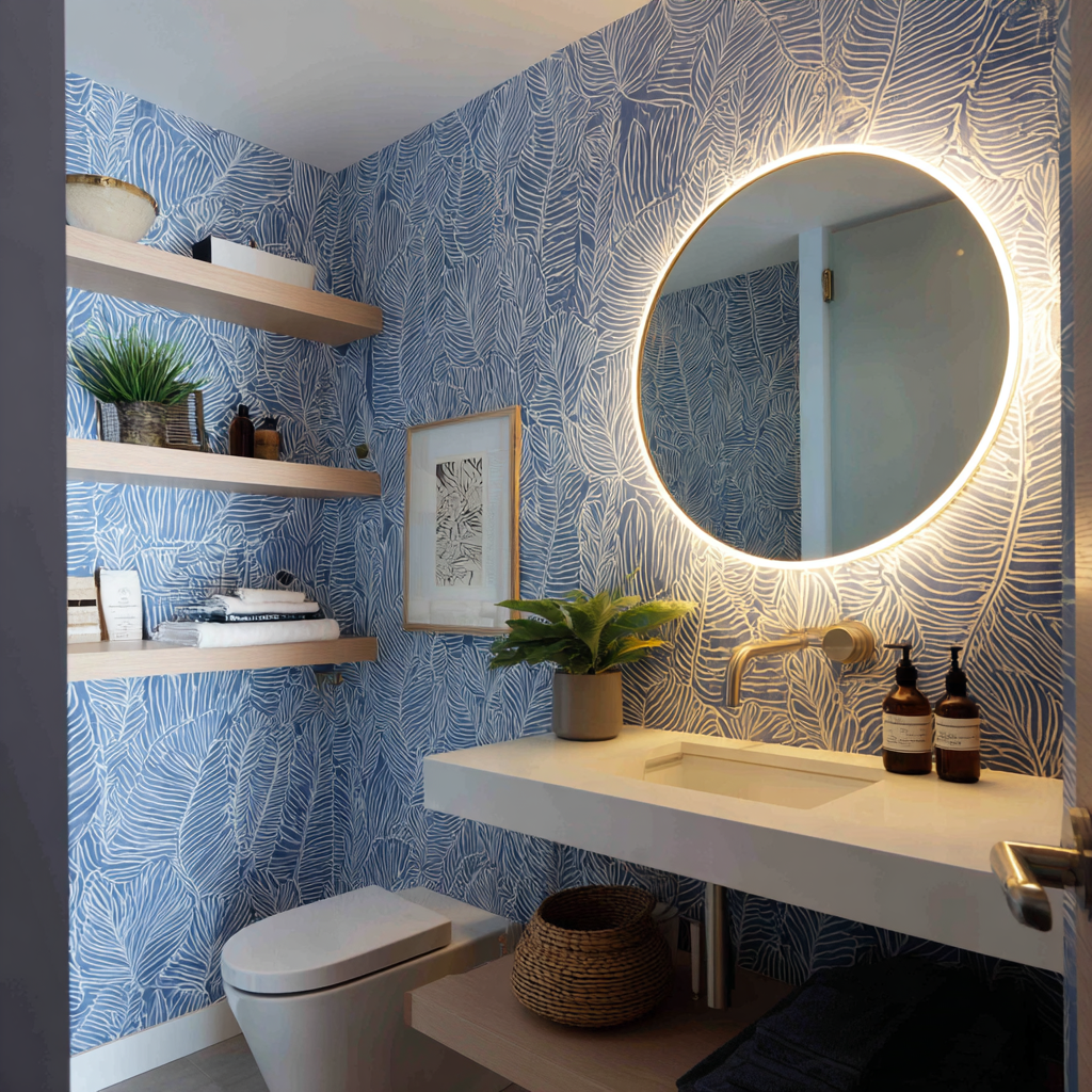 Bathroom with blue leaf wallpaper and round backlit mirror.
