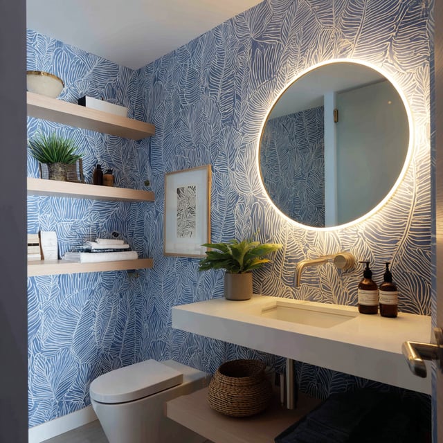 A modern, vibrant powder room that balances bold patterns with minimalist fixtures.