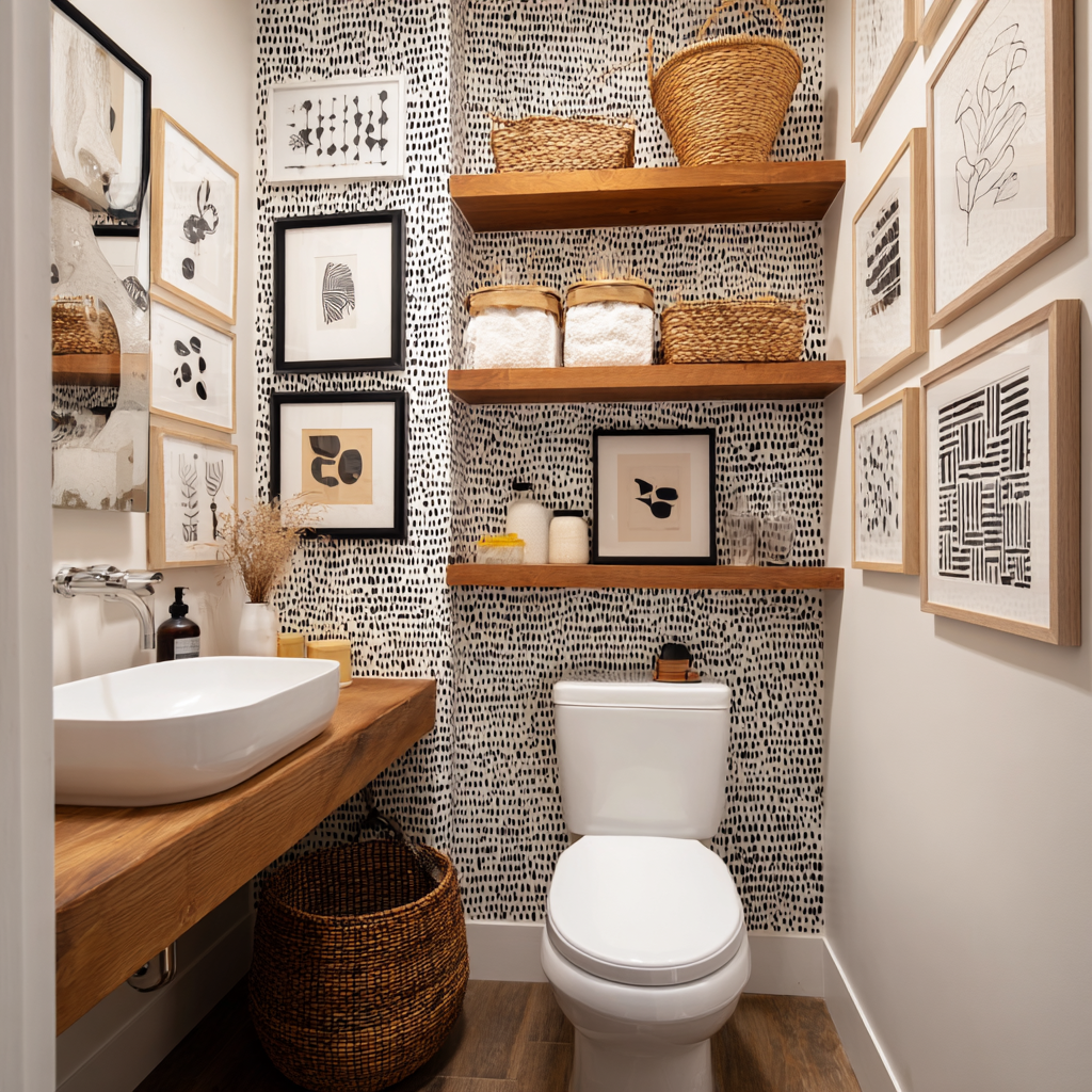 A half bathroom with patterned wallpaper and wood accents.